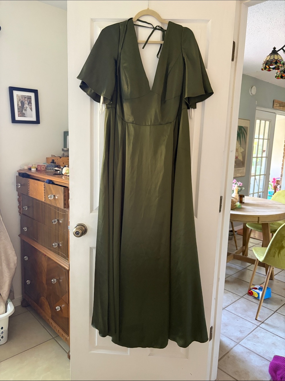 Olive Green V-Neck Flutter Sleeve Maxi Dress by Galina Signature